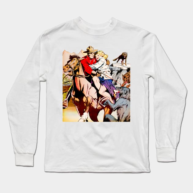 Wolves Cowboy Horse Retro Northwest Mounties Vintage Comic Book Long Sleeve T-Shirt by REVISTANGO